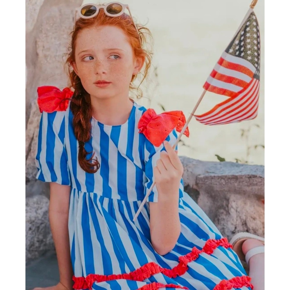 Finding Foxtale Girls Blue White Stripe Red Eyelet Ruffle Dress Size 4 S25D312